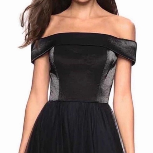 LA FEMME OFF THE SHOULDER BLACK EVENING TULLE GOWN, SIZE 14 - Picture 3 of 7